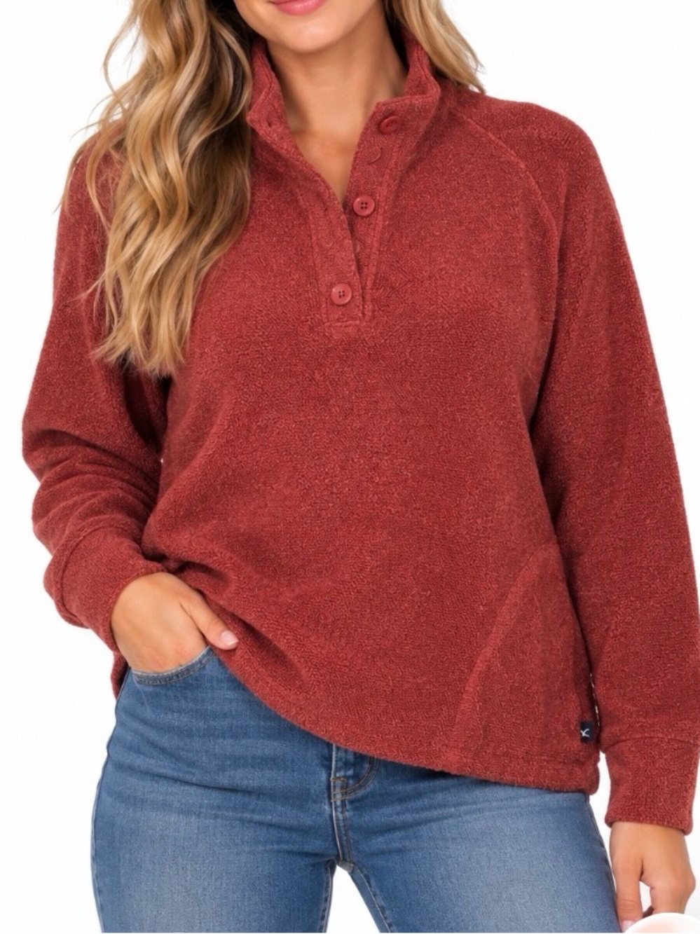 Eddie Bauer Rust Red Textured Button Neck Pullover Sweater Long Sleeve SZ XL